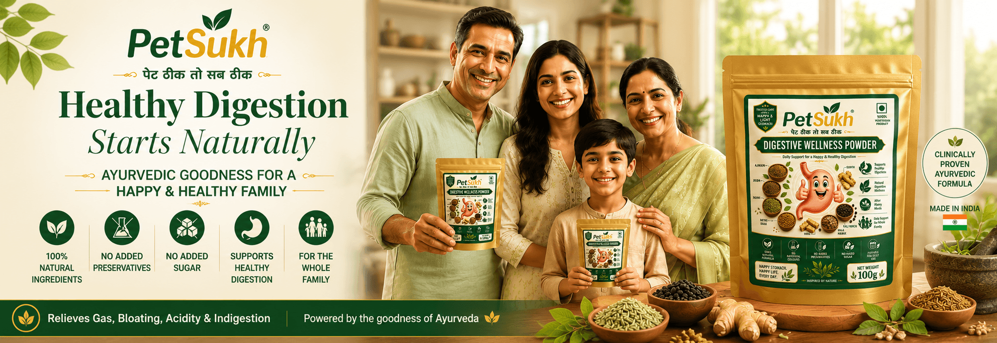 Happy Indian family holding PetSukh Digestive Wellness Powder